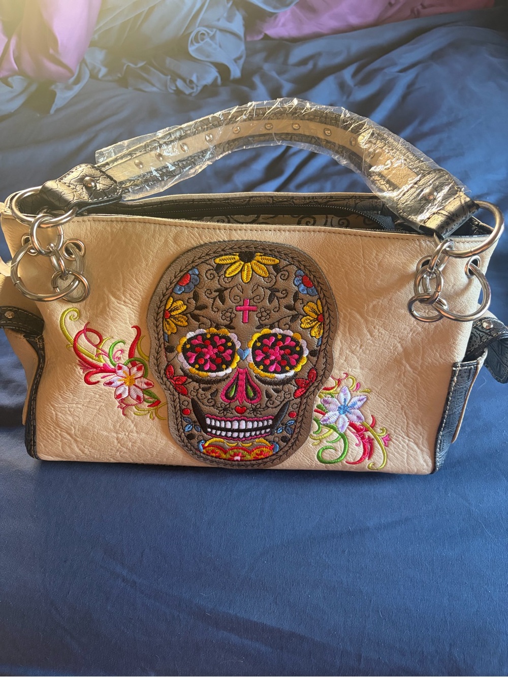 Embroidered Sugar Skull Beige Shoulder Bag - Day of the Dead